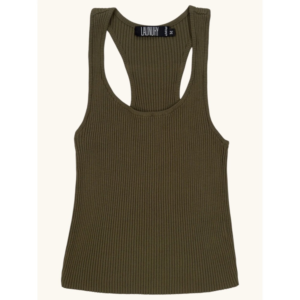 Laundry by Shelli Segal Olive Green Ribbed Racerback Tank Top Size M Scoop Neck